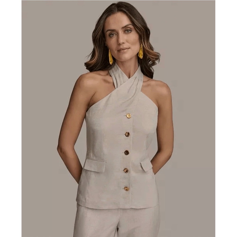 Donna Karan New York Linen Blend Halter Vest Top Beige Gold Button Size 16 NWT - Picture 5 of 8